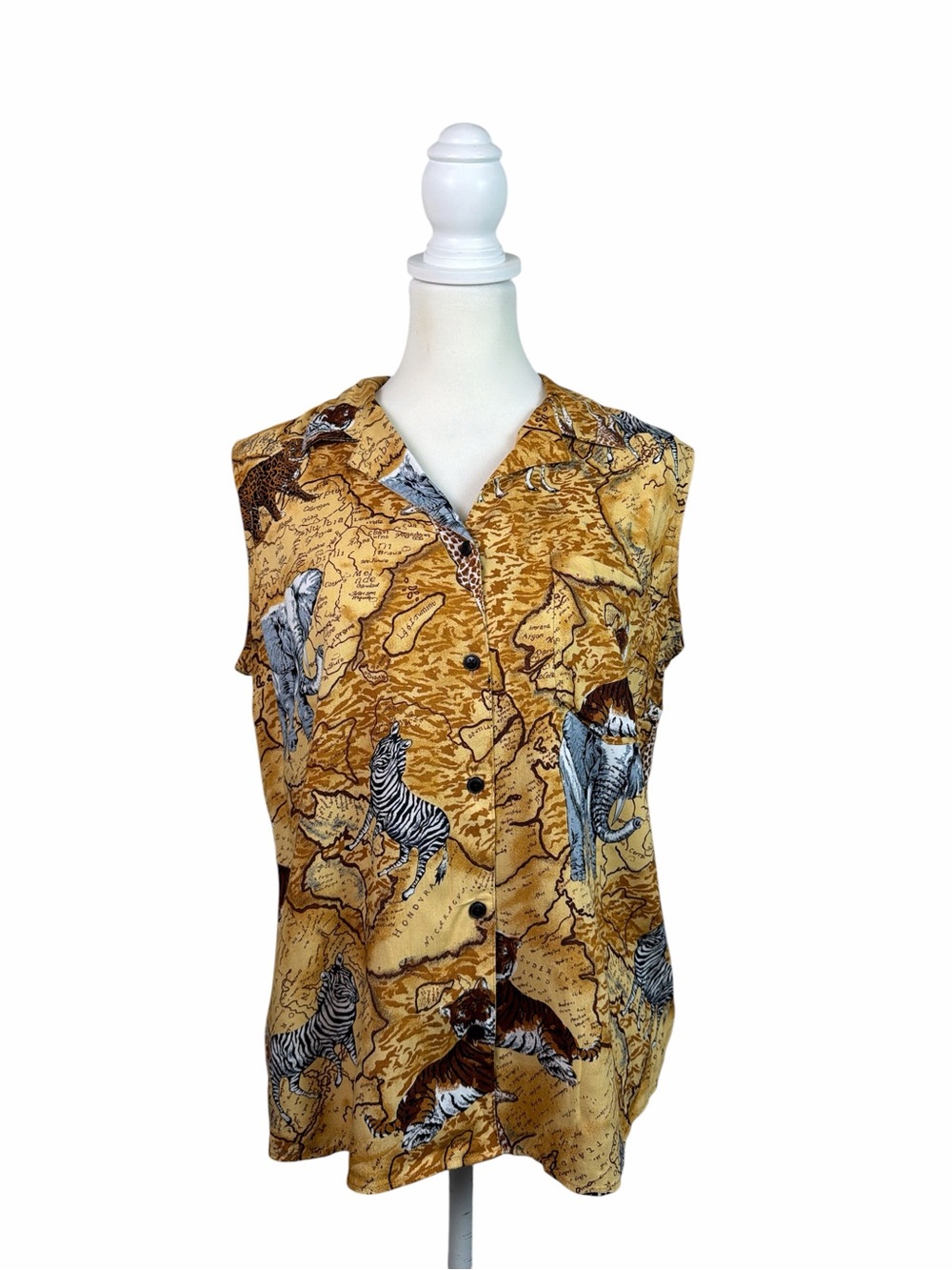 BCI Clothing Safari Animal Print Map Blouse Large Rayon Sleeveless Button Front